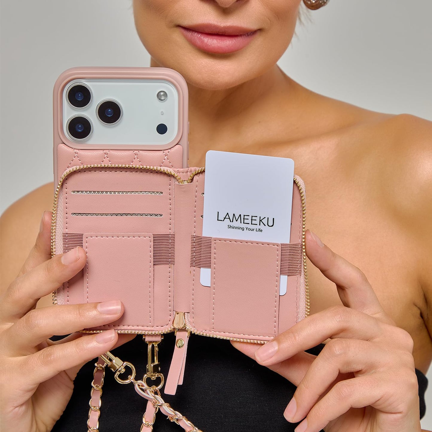 LAMEEKU for iPhone 17 Pro Max Crossbody Case Wallet, Leather Zipper Cover with Card Holder Wrist Strap for Women 6.9'' Pink