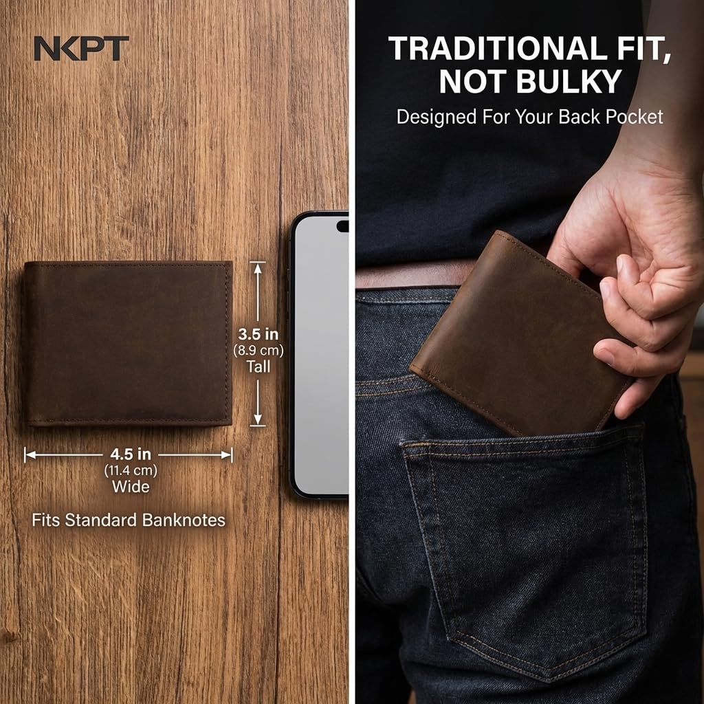 NKPT Full-Grain Leather Bifold Wallet for Men | RFID Blocking, 9 Card Slots, ID Window | Chestnut Brown