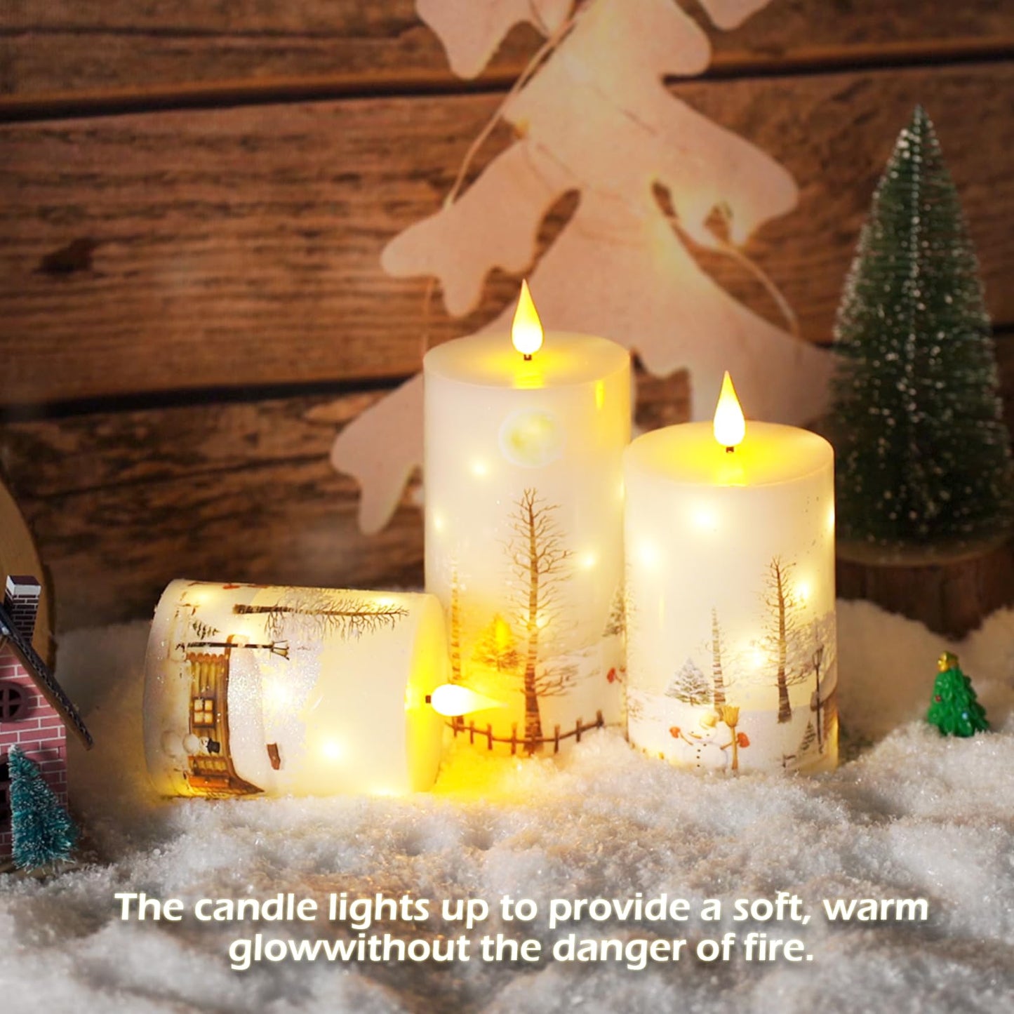 Christmas Flameless Candles with Remote - White LED Candles & String Lights, Battery Operated Set of 3 (D3 x H4/5"/6") for Window Decor, Christmas Decorations,Living Room Decoration