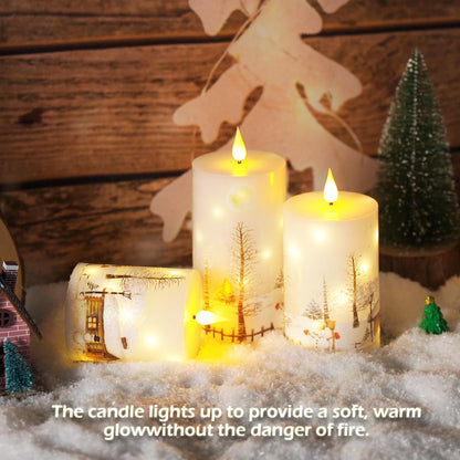 Christmas Flameless Candles with Remote - White LED Candles & String Lights, Battery Operated Set of 3 (D3 x H4/5"/6") for Window Decor, Christmas Decorations,Living Room Decoration