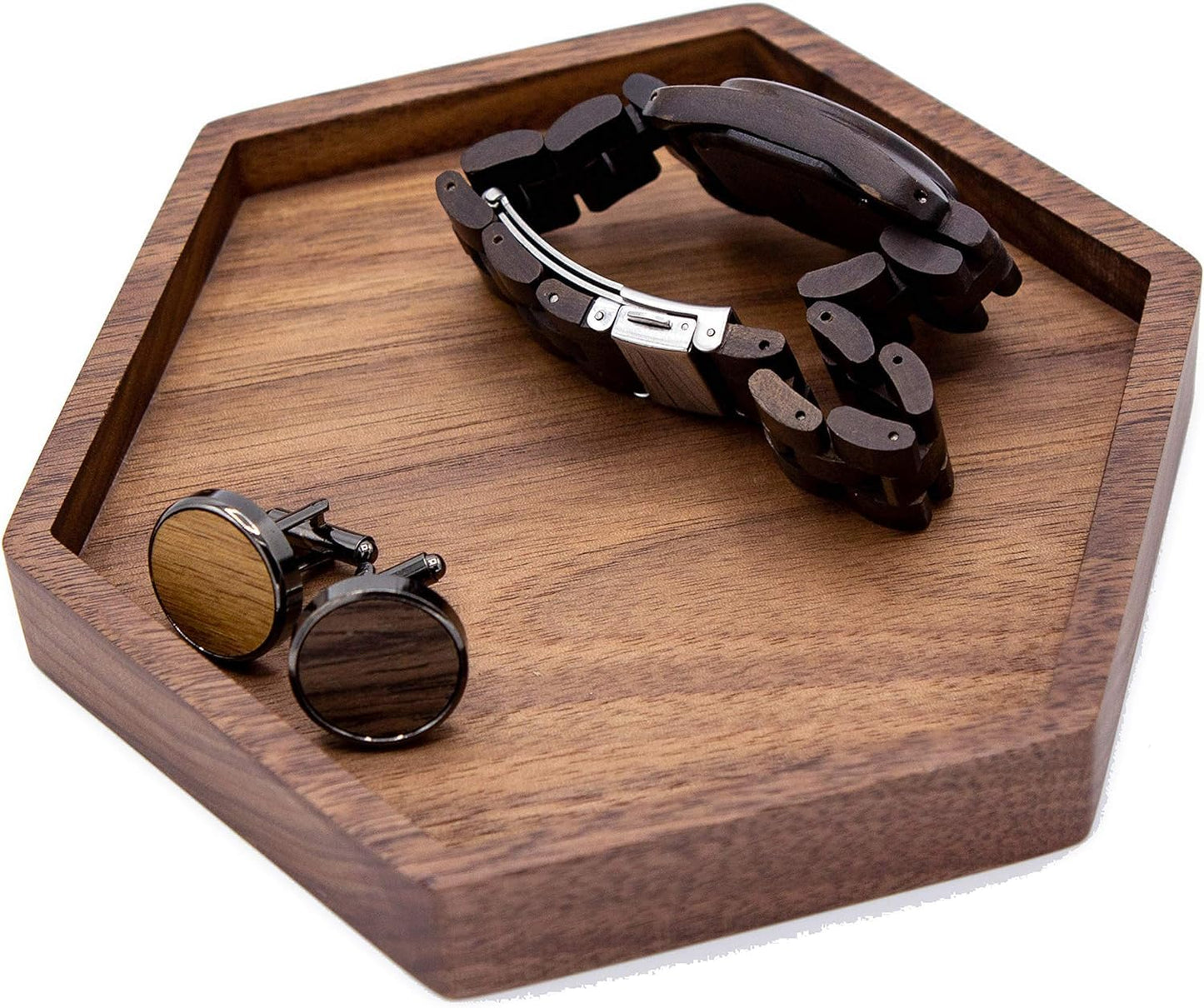 Hexagon Wood Ring Dish - Everyday Catchall Trinket EDC Tray for Men Women, Store Your Watches Cufflinks Rings Earrings Keys Coins, Father's Day for Husband Dad Son (Blank)