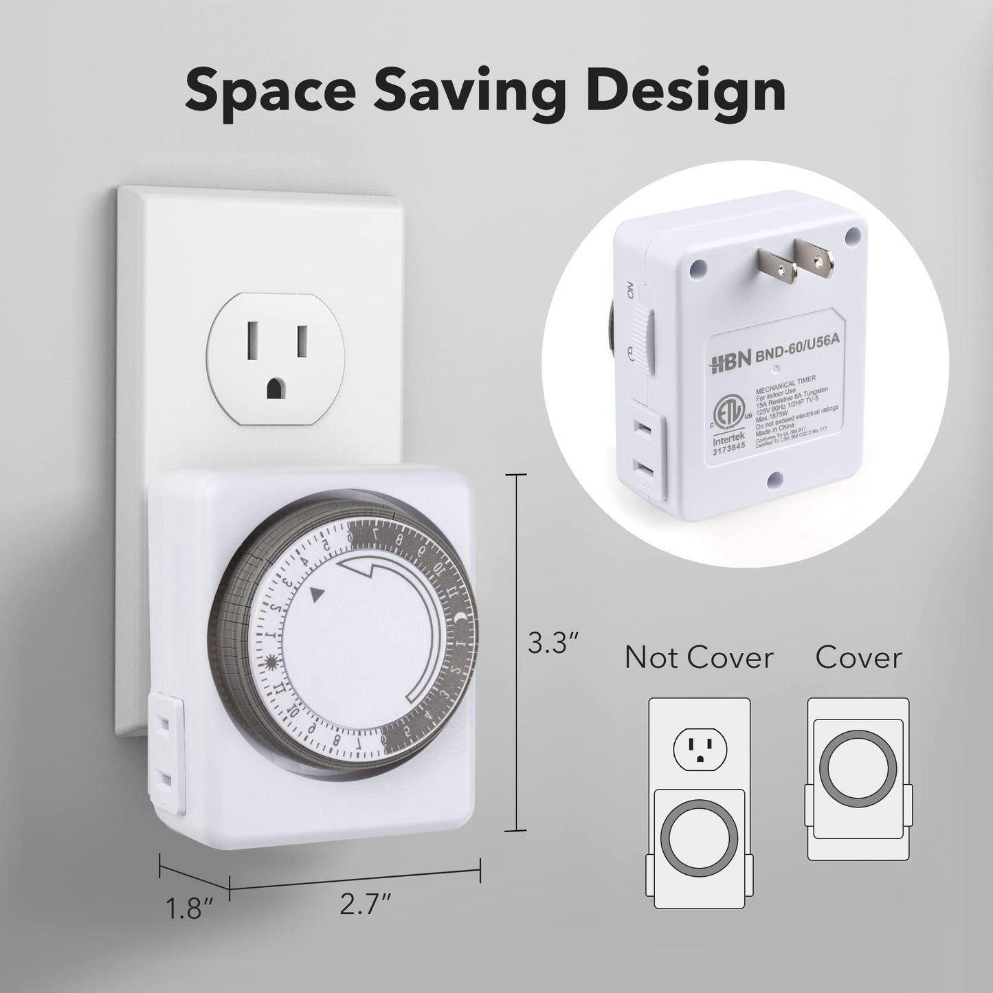 HBN Outlet Timer for Electrical Outlets Indoor, 24 Hour Mechanical Light Timers for Lamps, Dual 2-Prong Plug-in Outlets, 15-Minute Intervals, Heavy Duty Daily Cycle, 2 Pack