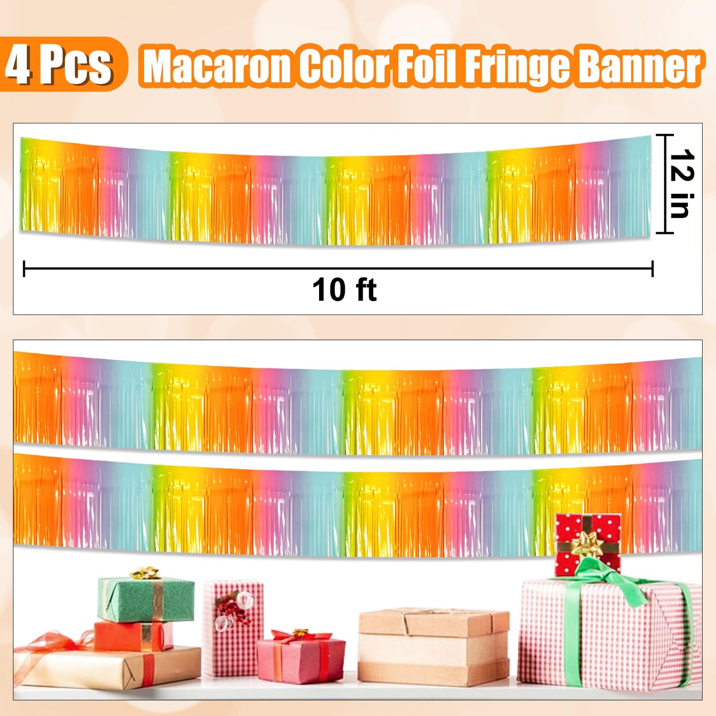 4 Pack 10 Ft Light Rainbow Foil Fringe Garland Metallic Tinsel Streamers Banner Wall Hanging Curtain Backdrop for Parade Floats, Christmas Day, Thanksgiving Day, Halloween, New Year Party Decoration