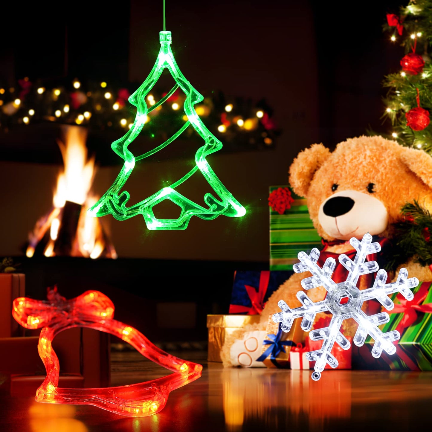 LOLStar Christmas Window Decorations,3 Pack Jingling Bell,Christmas Tree,Snowflake Christmas Window Lights with Suction Cup, Timer Function & Slow Fade Mode Battery Operated Indoor Lights