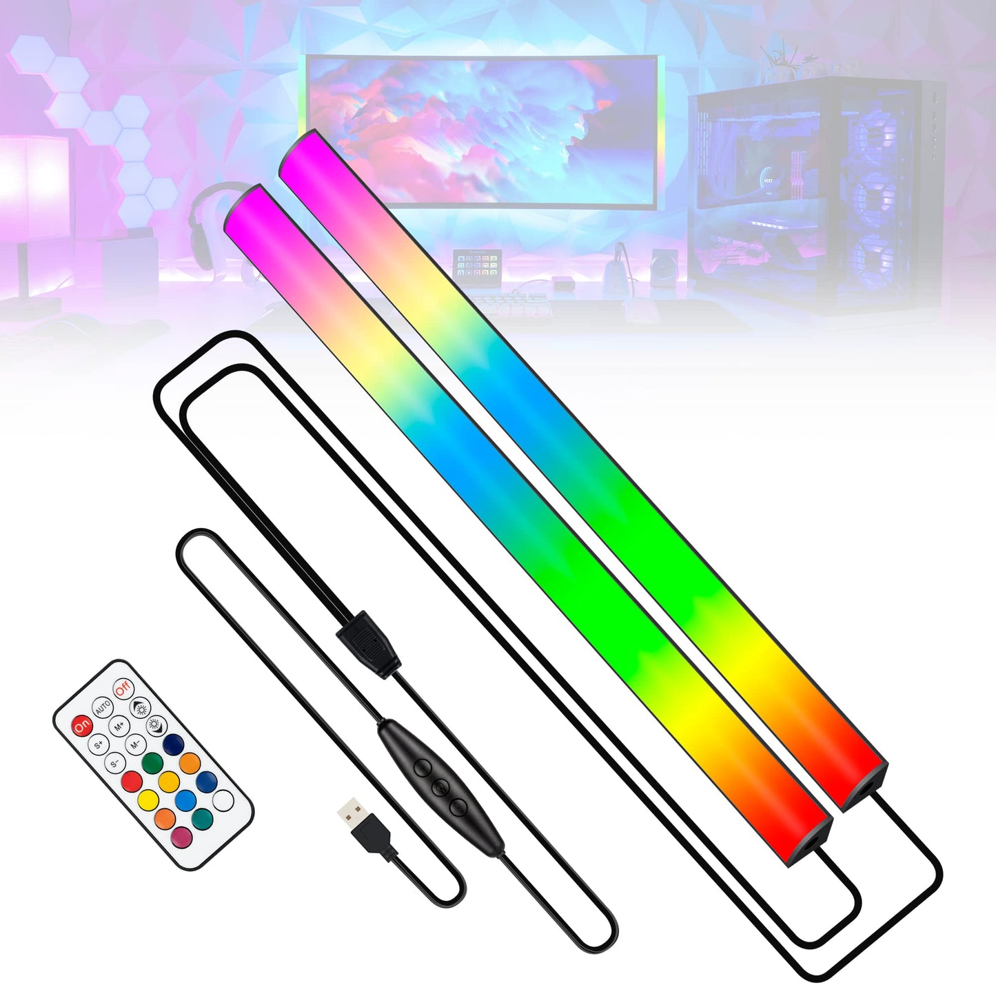 JUSJUBR 2PC RGB Under Monitor Light, Gaming Light with 353 Color Modes, LED Desk Light with Remote Control for Room/Monitor/PC Gaming Setup