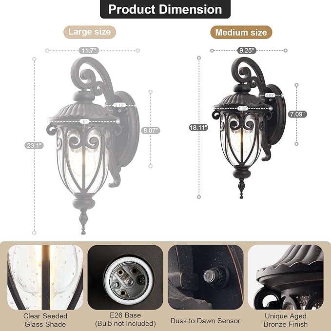 Outdoor Wall Light with Dusk to Dawn Sensor, 18 Inch Exterior Wall Lantern Fixture for House, Bronze Outside Porch Lighting with Clear Seeded Glass for Garage Front Door, Aluminium