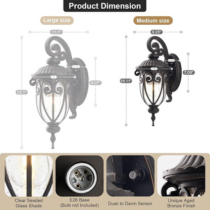 18in Dusk to Dawn Outdoor Wall Light for House, Bronze Exterior Wall Lantern for Garage, Aluminium Porch Door Lights Fixture with Clear Seeded Glass Shade for Entryway, Front Door