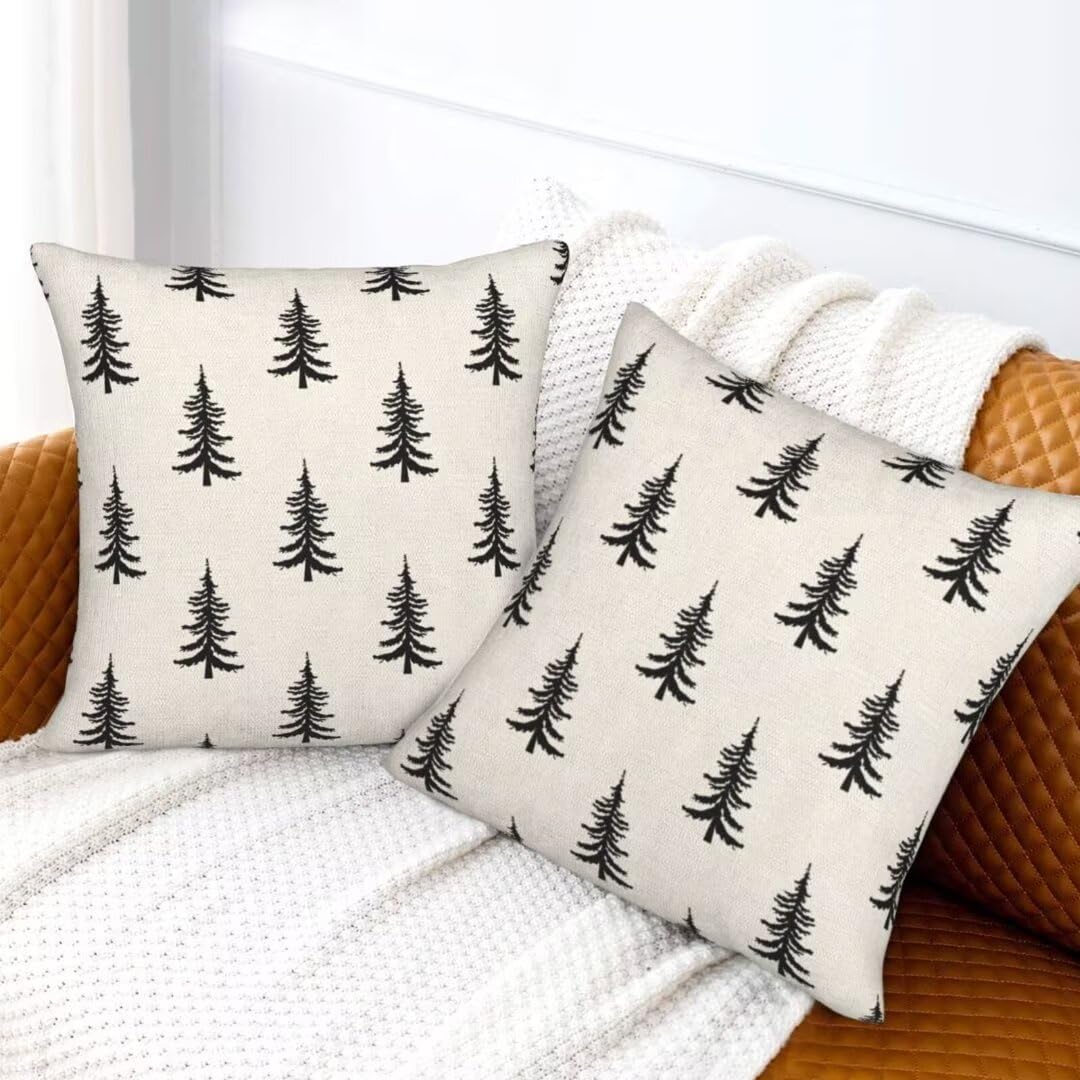 Sunshineyan Christmas Pillow Covers 22 x 22 Inch Set of 2, Black Chirstmas Tree Decorations Throw Pillow Covers Outdoor Winter Holiday Farmhouse Xmas Cushion Case Linen Square for Home Couch Sofa