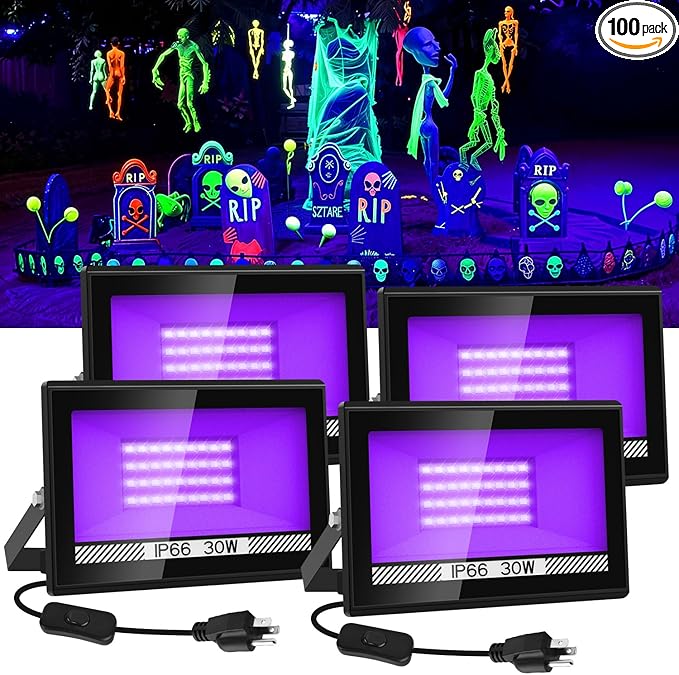 30W Black Lights, 4 Pack LED Blacklight Flood Light with Plug, IP66 Waterproof Black Lights for Glow Party, Glow in The Dark, Stage Lighting, Body Paint, Fluorescent Poster, Neon Glow
