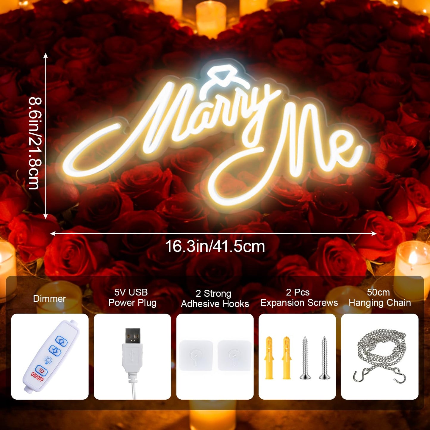 Miootly Marry Me Neon Sign, LED Neon Sign Wall Decor for for Engagement Proposal Wedding Ceremony Backdrop Wall Background Decorations, 16"x 9" USB Powered 10 Warm Brightness Light up Letters Signs