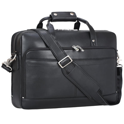 Masa Kawa Black Leather Briefcase for Men 15.6 Inch Laptop Crossbody Shoulder Messenger Professional Office Bag Attache Brief Case Handbag Gifts for Business Travel Work Lawyer, Medium