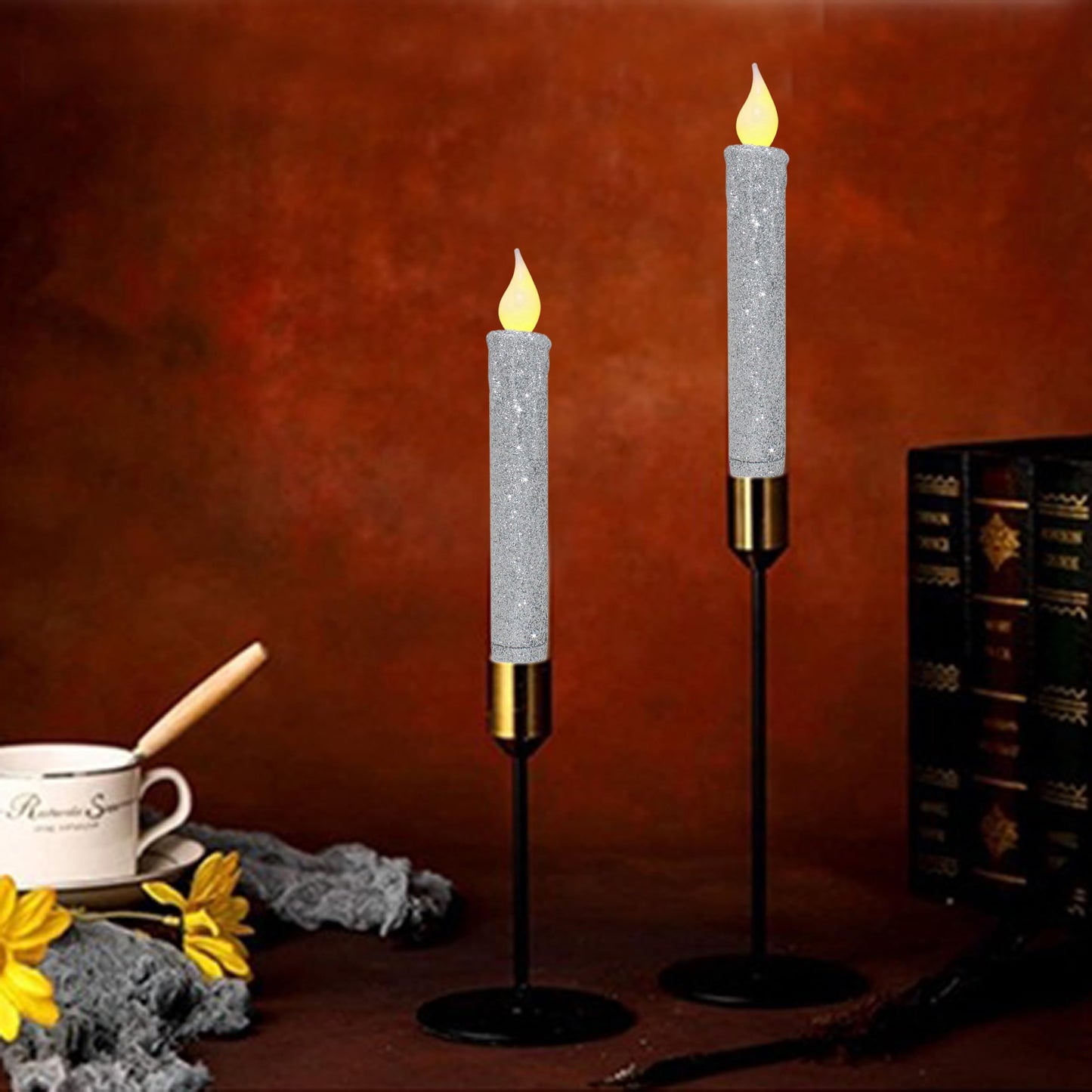 CVHOMEDECO. Glitter Flameless Candles Flickering Battery Operated LED Taper Candles with Timer for Home, Wedding, Halloween, Christmas Decor. Glitter Silver, 6-3/4 Inch, Set of 2