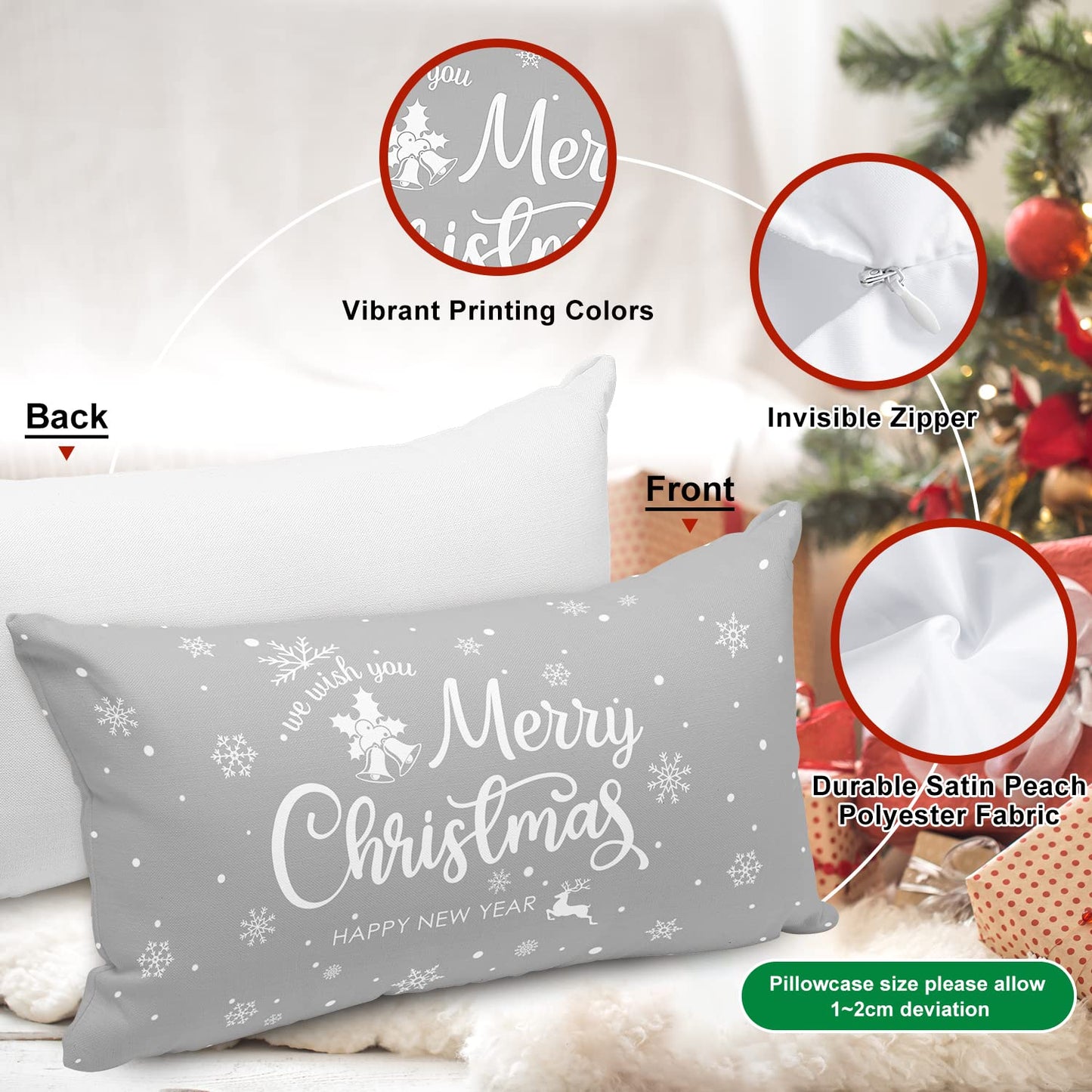 Lanpn White and Grey Christmas Lumbar Throw Pillow Covers 12x24 Set of 4, Decorative Long Gray Winter Snowflake Xmas Cushion Covers Pillow Cases for Home Bedroom Room Holiday Couch Decor Decorations