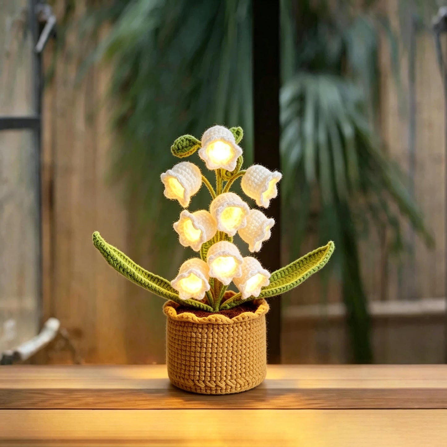 Handmade Crochet Lily of the Valley Lamp, Artificial Flower Night Light with 9 Flowers, Warm LED Crochet Plant Decor for Bedroom, Ideal Gift for Mother's Day, Christmas, Valentine's Day (White)