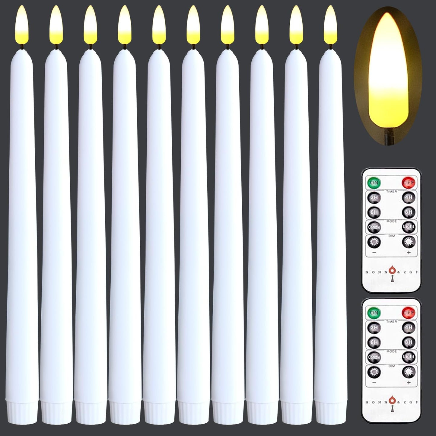 NONNO & ZGF 10 Pack White Flameless 11'' Wax Coverd Taper Candles with 2 Remote/Timer, LED Battery Bright Flickering Candle for Proposal, Wedding, Festive Candlelight Dinner and Home Decor