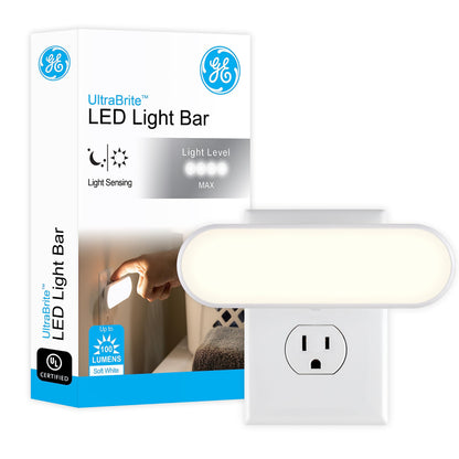 GE Ultrabrite LED Light Bar Night Lights Plug Into Wall Room Decor Ambient Lighting Dusk to Dawn Sensor Bright Nightlight, White, 100 Lumens, 2 Pack
