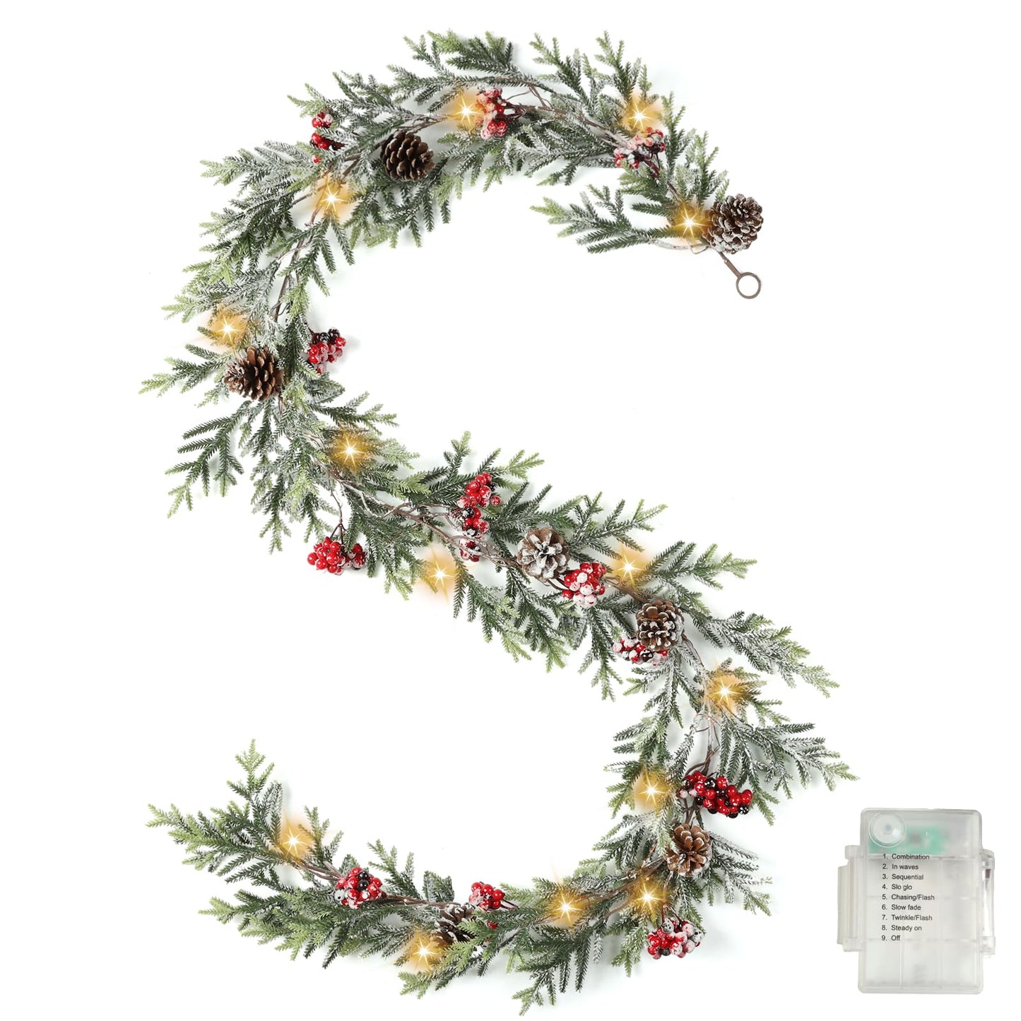 OZFHUA 6 FT Christmas Garland with Lights - Pre-Lit Artificial Christmas Garland, Flocked Garland with Red Berries Pine Cones for Decoration, Mantle Stairs Railing Home Xmas Decoration Indoor