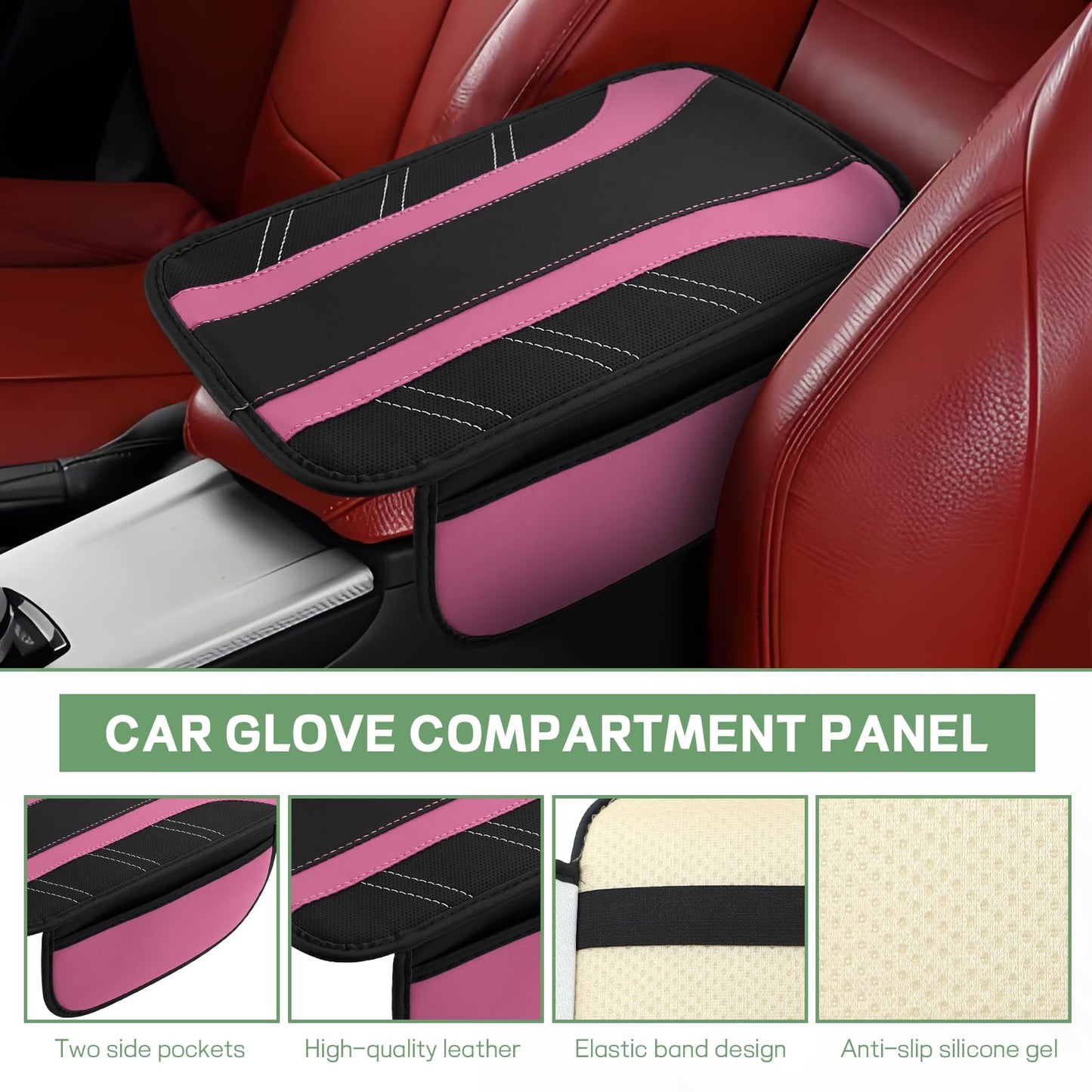 Hbxdeco 6PCS Pink Car Accessories Set, Sporty Auto Interior Decoration Accessories with Leather Car Steering Wheel Cover, Center Console Cover, Seat Belt Shoulder Pads, Cup Coasters (Pink)