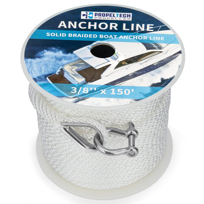 PropelTech Anchor Rope Braided Anchor Line(White, 3/8" x 150') Premium Solid Braid MFP Boat Rope with Stainless Steel Thimble & Shackle, Quality Marine Line, Boat Accessories