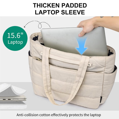 Tote Bag for Women Lightweight Quilted Puffy, Shoulder Bag with Storage for Work Travel Gym, Fits 15.6 Inch Laptop