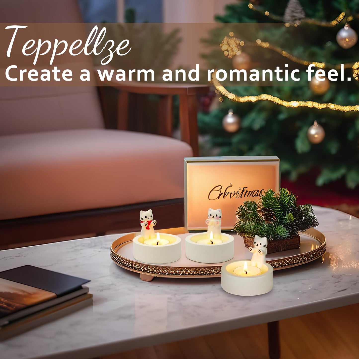 Teppellze Cute Cat Candle Holder, Handmade Kitten Warming Paws Tealight Holder, Aesthetic Room Decor, Unique Gifts for Cat Lovers Women, Friends, Cat Moms (Gift Box Included)