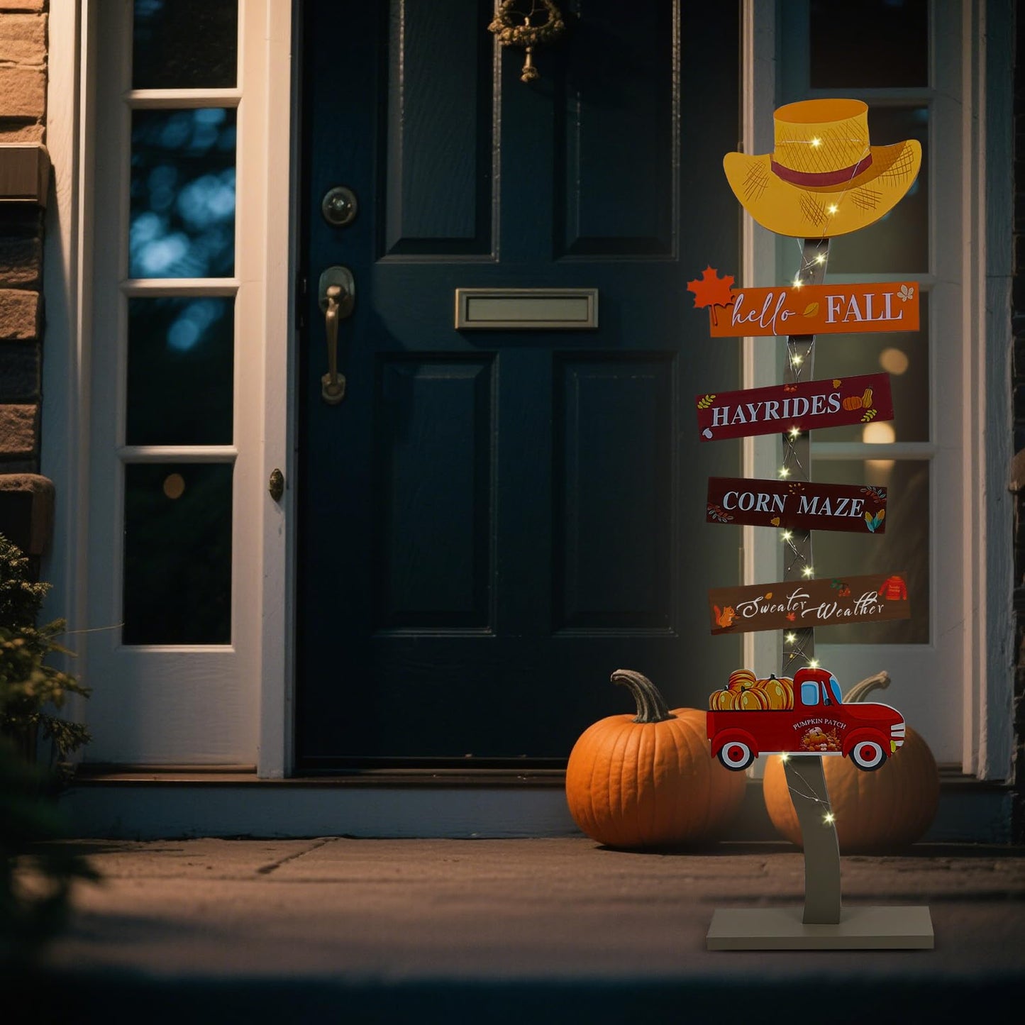 Lighted Wood Hello Fall Porch Sign,Fall Welcome Porch Decor,Autumn Maple Pumpkin Truck Sweater Weather Standing Wooden Signs for Harvest Thanksgiving Decor