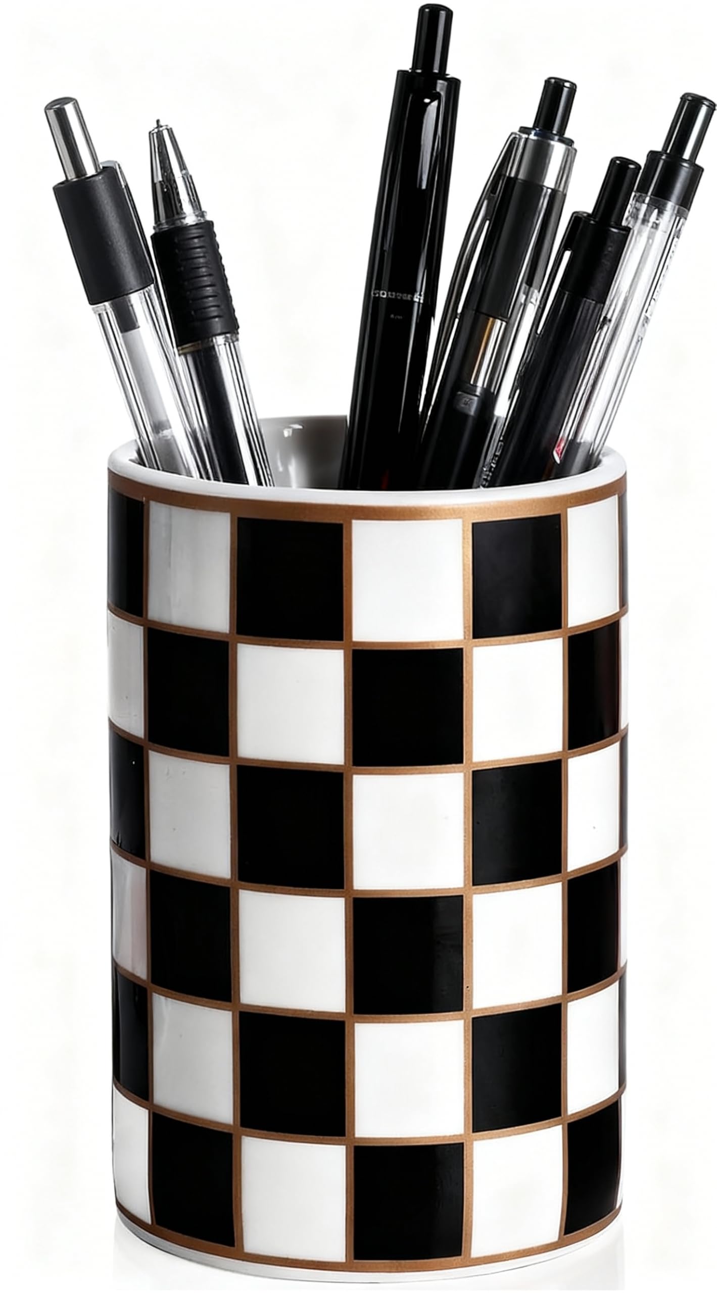 XYQXYQ Ceramic Checkered Pen Holder For Desk,Cute Stand Black And White Pencil Cup,Durable Ceramic Pencil Cup, Decorative Makeup Brush Holder Cup, Stationery Holder for Office, School, Home (Black)