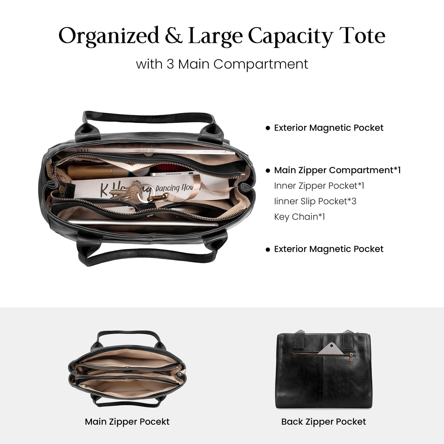 befen Genuine Leather Tote Bag for Women Small Black Work Tote Bag with Zipper Soft Leater Purse with Multi Compartments Work Handbag for Travel Designer Womens Purses and Handbags for Everyday