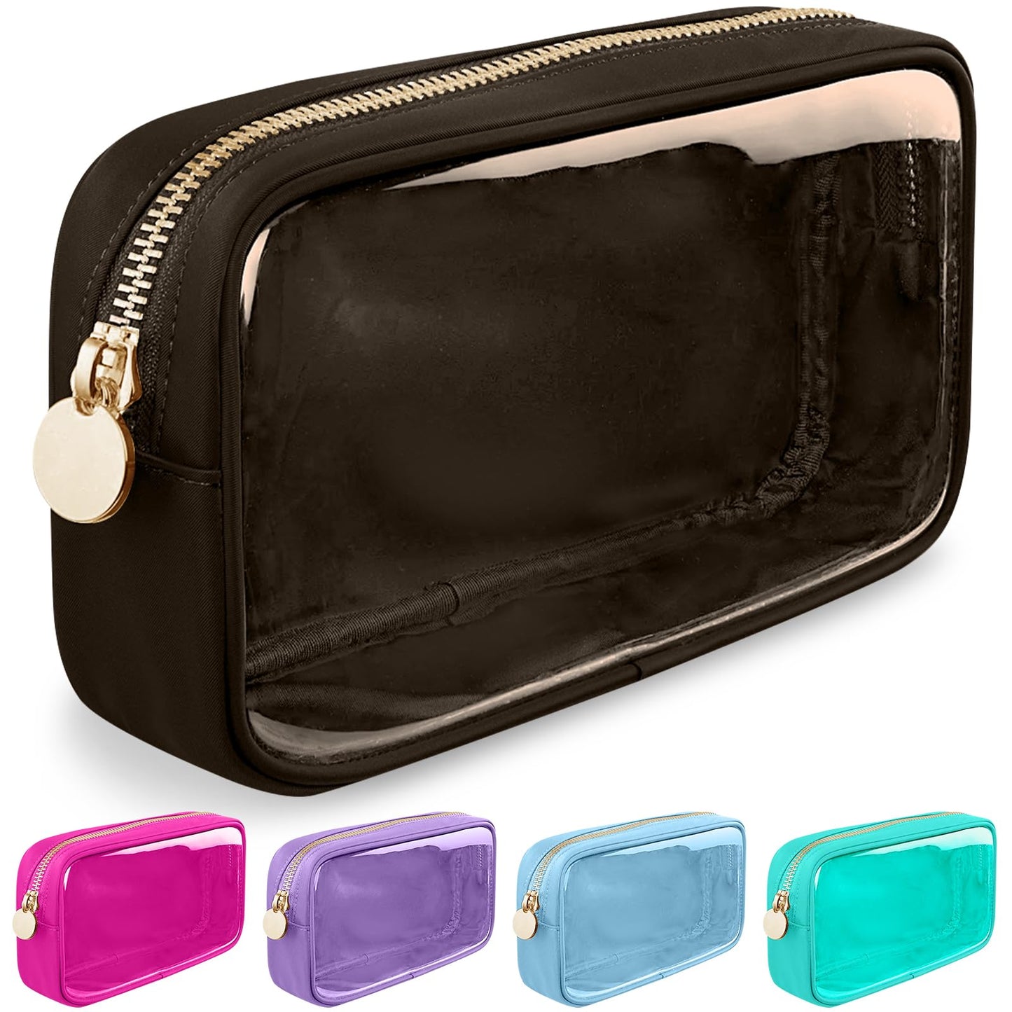 Small Clear Travel Makeup Organizer Bag for Purse, Cute Black Makeup Bag Preppy Cosmetic Zipper Pouch Purse, Transparent PVC & Nylon Toiletry Bag Clutch Makeup Brush Bag Storage for Women Girls(Brown)