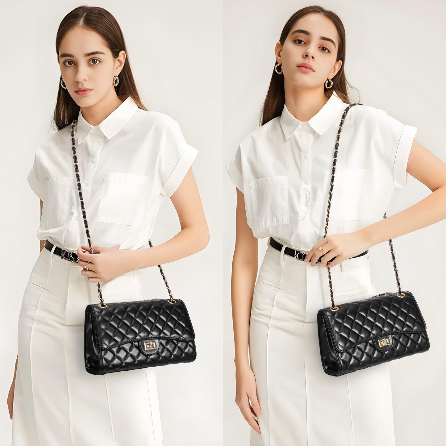 Quilted Crossbody Purse for Women Trendy Ladies Shoulder Bag with Chain Strap PU Leather Cross Body Bags Satchel HandBag,Black