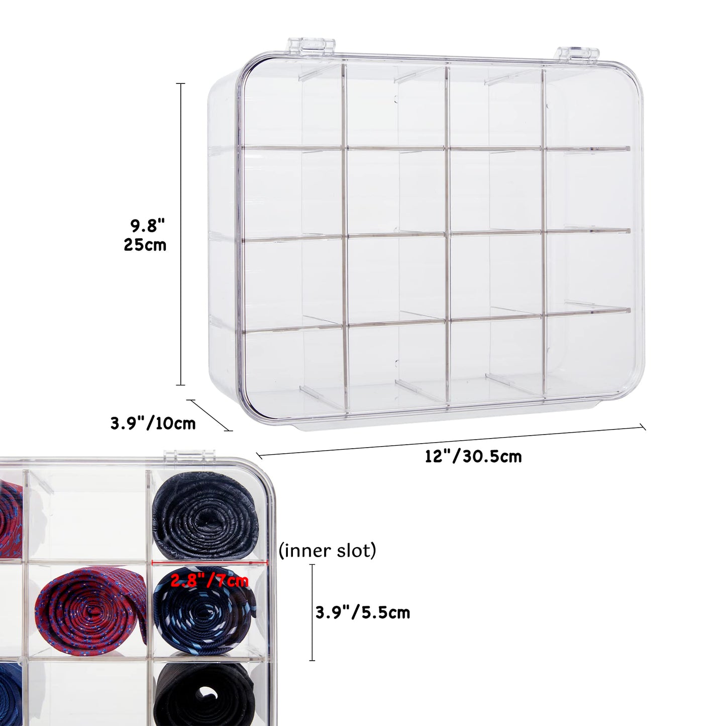 HUHYNN Tie Rack Organizer, Clear Tie Organizer Box, Acrylic Tie Display Rack for 16 Ties Storage, Tie Box Organizer for Men Tie Holder (Transparent)