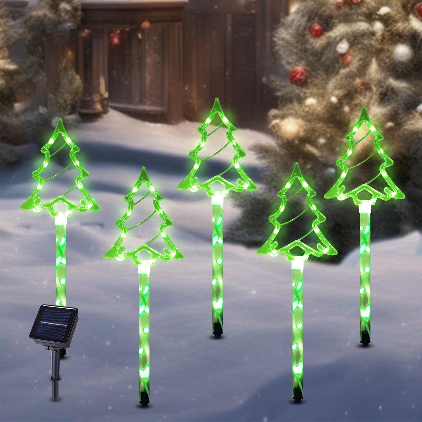 Christmas Solar Pathway Lights Outdoor Decorations, 8 Modes Xmas Tree Candy Lights Waterproof Led Garden Stake Light for Walkway Yard Lawn Porch Holiday Decor (Green Tube Tree, 5 Pack)