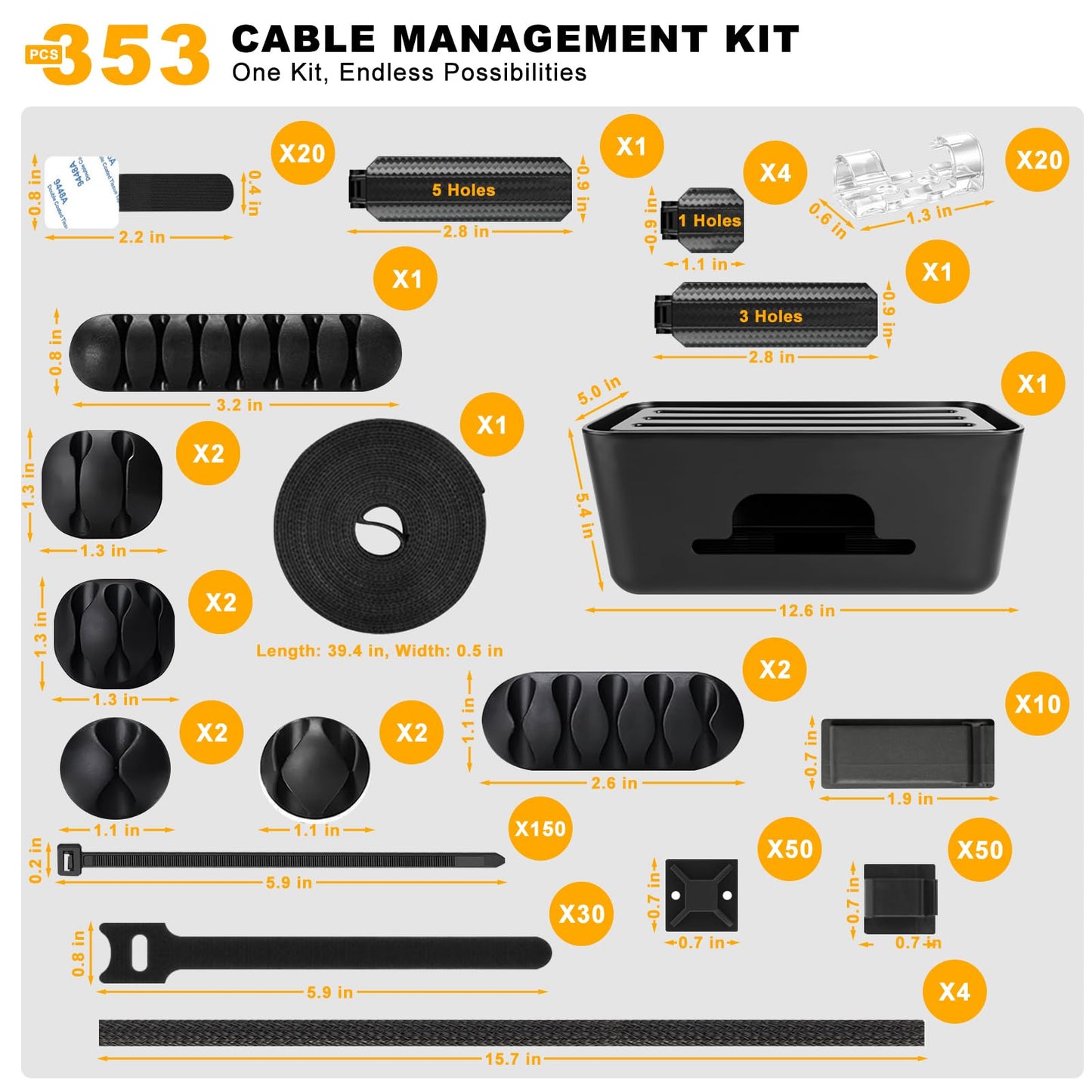 353 PCS Cable Management Kit - 1 Cable Management Box, 4 Cable Sleeve Split, 130 Adhesive Cable Clip, 17 Cable Holder, 1 Roll Cable Organizer Strap, 150 Cable Tie with 50 Mount, for Computer Desk TV