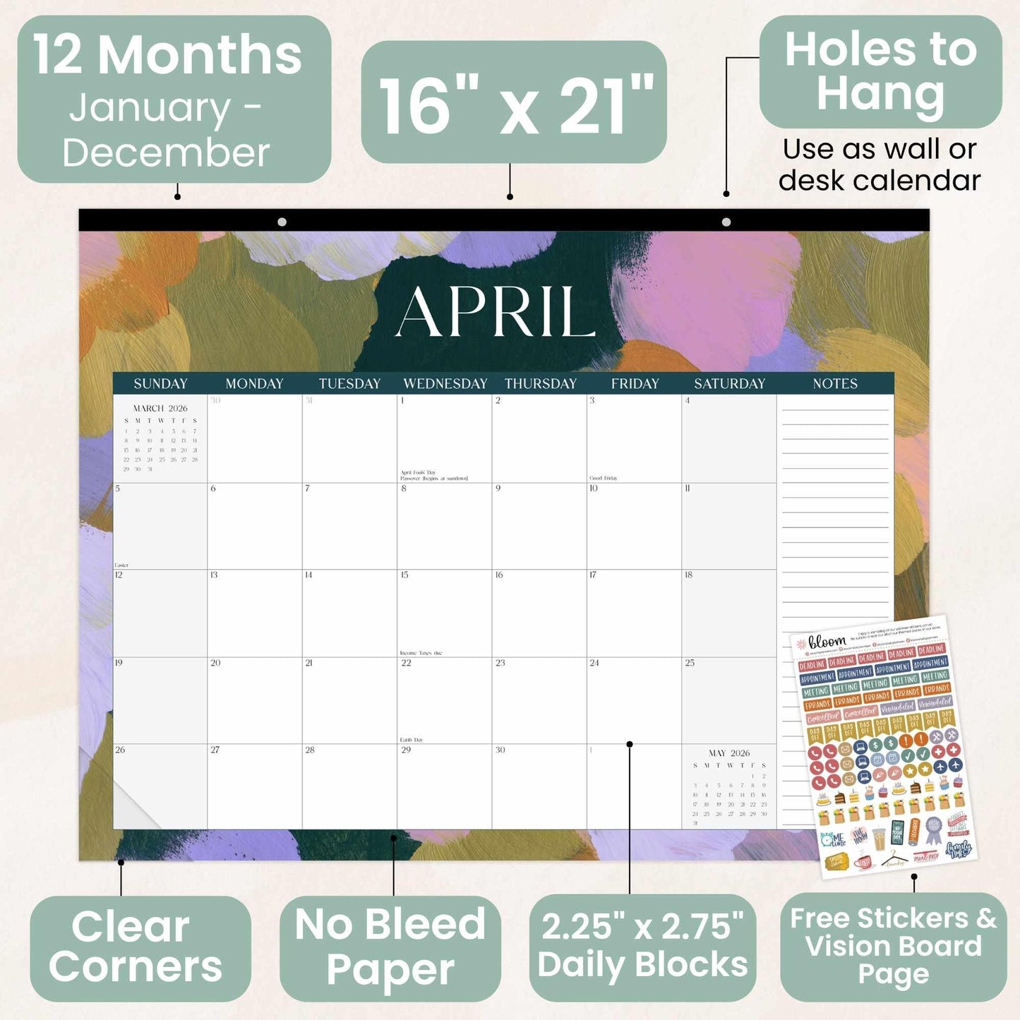 bloom daily planners 2026 Desk Calendar - January to December Large Wall Calendar - 21” x 16” Desktop & Hanging Monthly Planner with Stickers for Home or Office - Paint Strokes