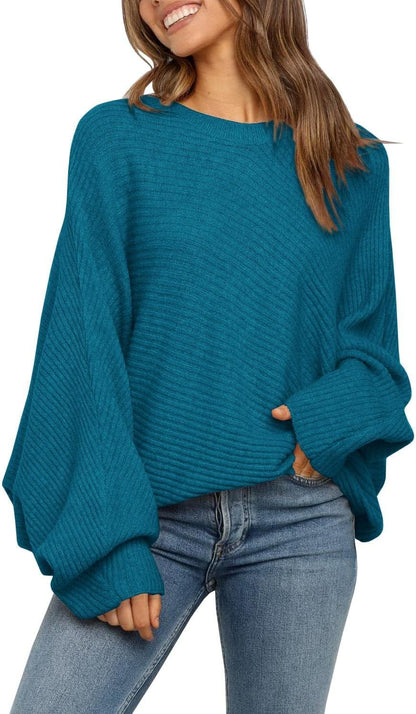 Mafulus Women's Oversized Crewneck Sweater Batwing Puff Long Sleeve Cable Slouchy Pullover Jumper Tops