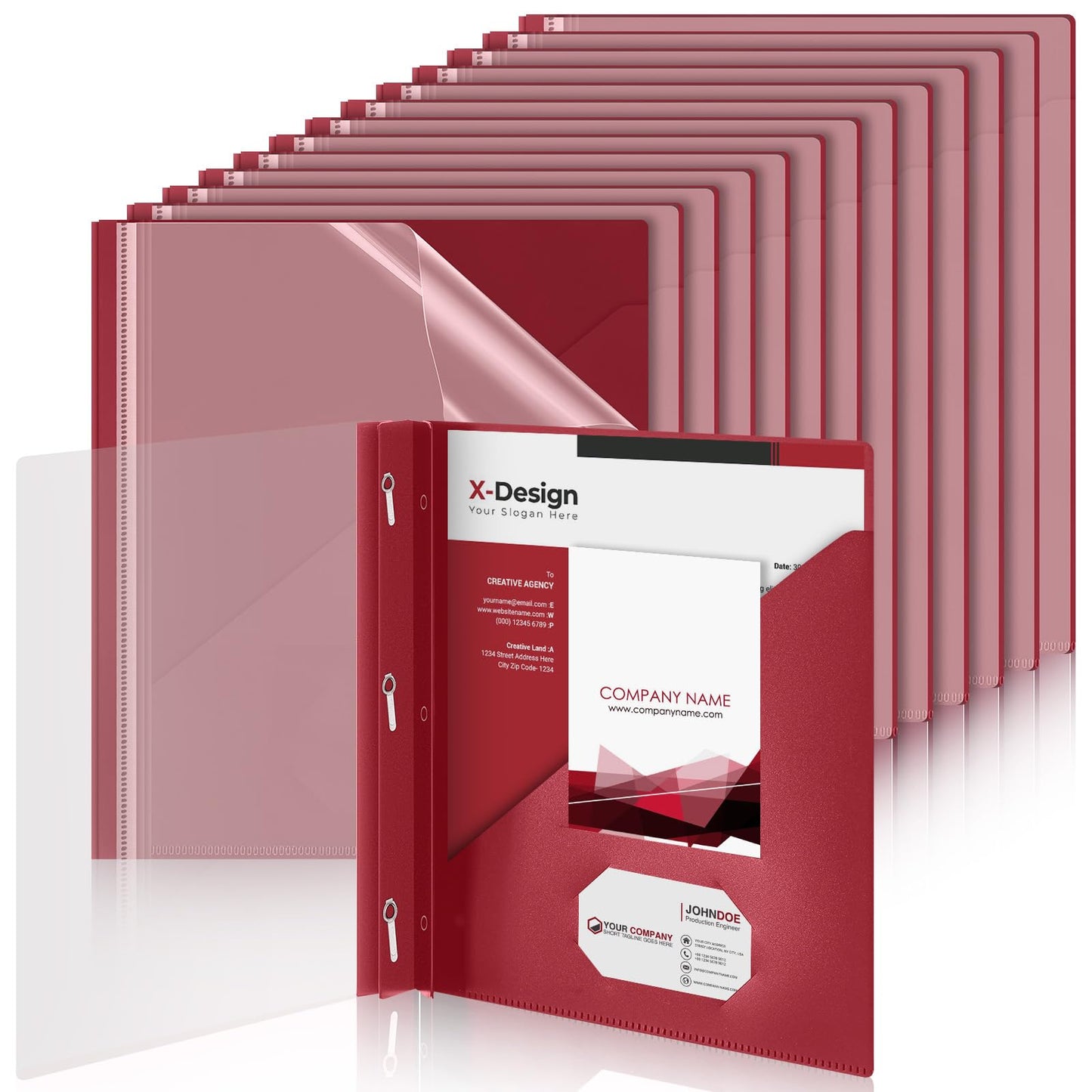 Teling 24 Pcs Clear Front Report Covers with 3 Prongs, Suit for A4/8.5'' x 11'' Letter Size Paper, Plastic Dark Red Presentation Folders Bulk, 90 Sheet Capacity, for School Business
