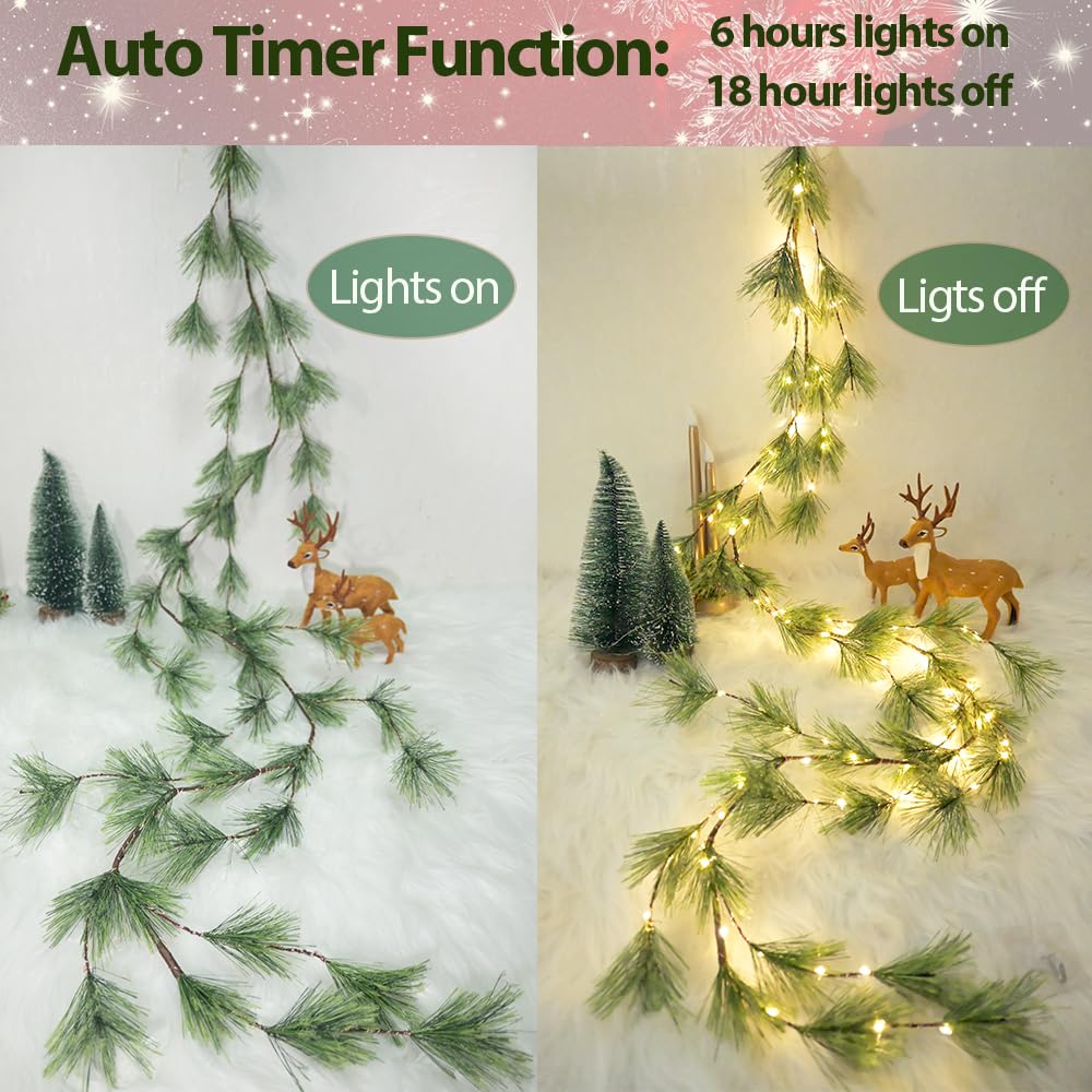 2025 New 6.56FT Christmas Pine Garland Lights 96 Warm White LED Lights 8 Flash Modes Battery Operated with Timer Lighted Smoky Pine Garland for Mantle Fireplace Indoor Home Christmas Decoration