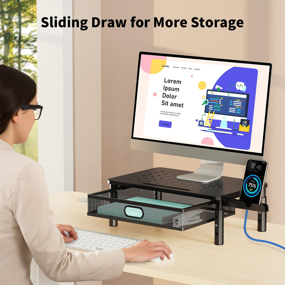 Zimilar Monitor Stand Riser with Metal Mesh Drawer, Height Adjustable with Phone Holder for Computer, Laptop, Printer, Notebook, Computer Monitor Stand with Storage