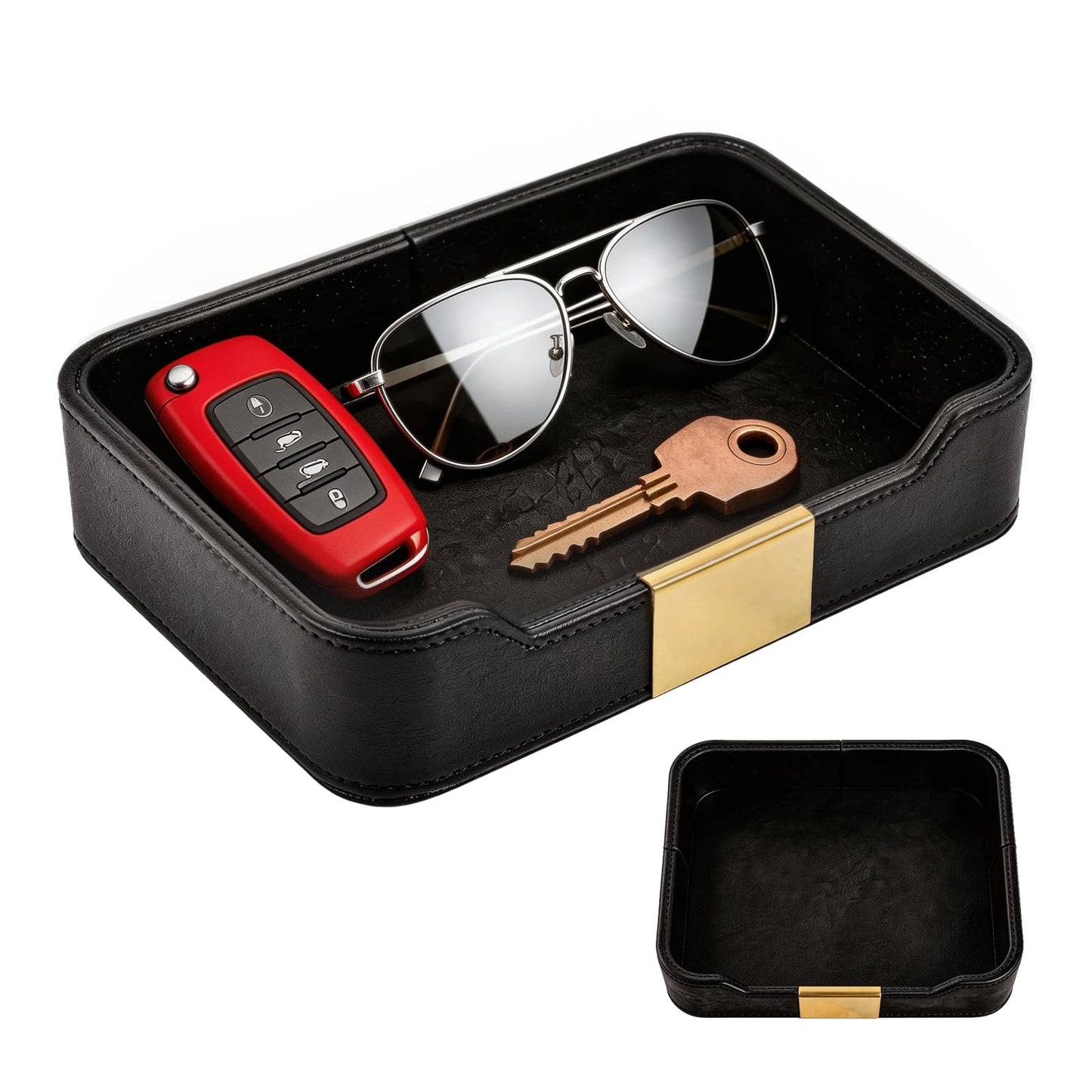 Black Leather Valet Tray - Multi-Use Nightstand Tray, Decorative Tray for Jewelry, Perfume, and Accessories Storage (Black)