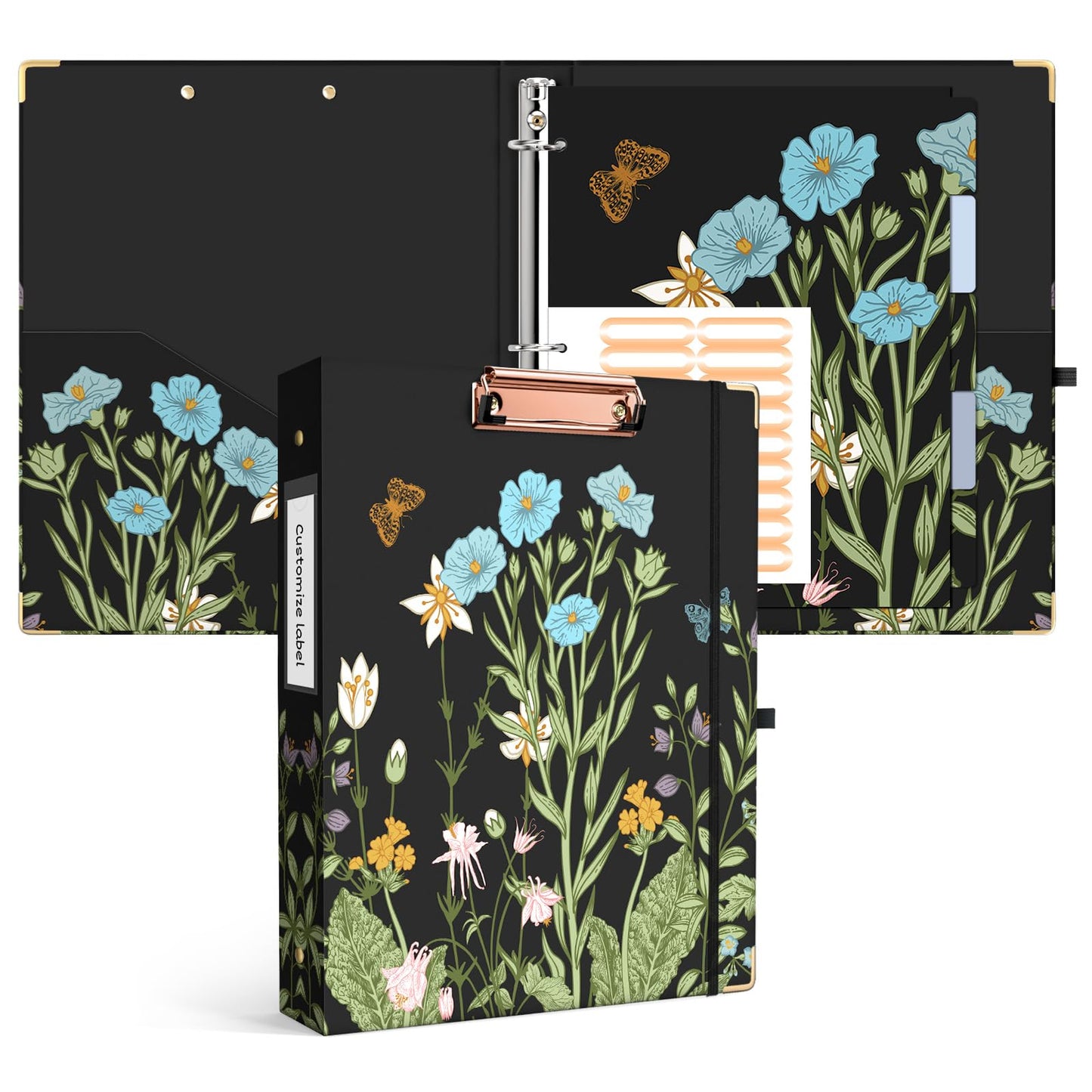 Ospelelf Binder 3 Ring 1 Inch, Floral Round Ring Clipboard Binder for Letter Size with 5 Tab Dividers, File Folder Labels, for School and Office Supplies