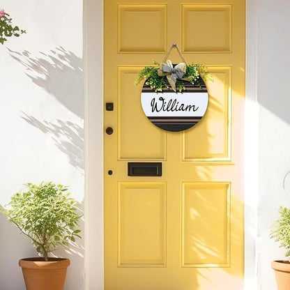 Personalized Front Door Signs with Wreath Custom Rustic Family Name Round Wooden Sign with Bow Welcome Farmhouse Customized Hello Door Hanging Sign for Home Wall Outdoor Indoor 12x12 Inch