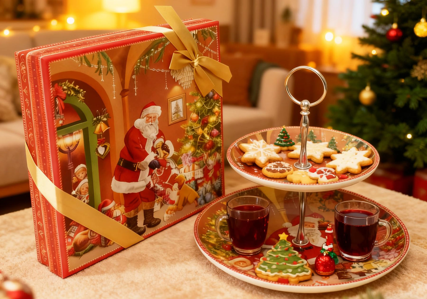 2-Tier Red Round Porcelain XMAS Cake Fruit Stand Plate with Gift Box, Cupcake Serving Display Set, Ceramic Pastry Tray Towers Platter for Dessert Appetizer Candy Buffet for Home Party (Christmas Man)