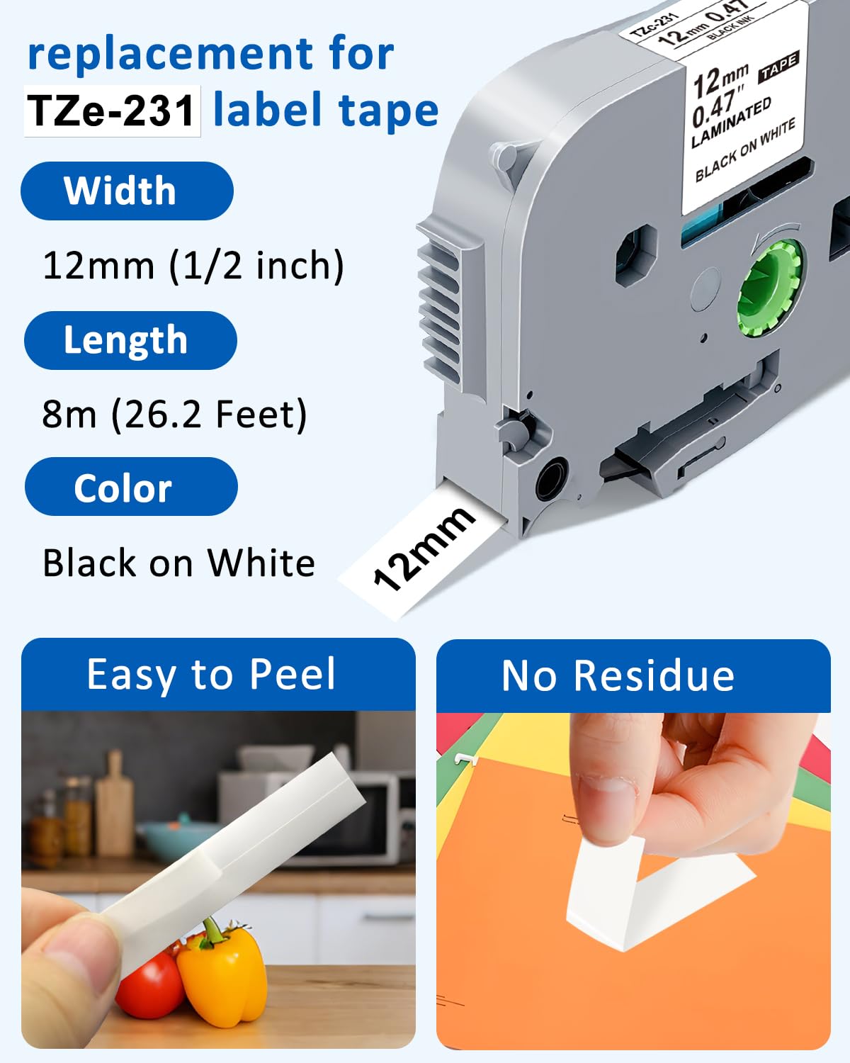 Compatible with Brother Label Maker Tape 12mm 0.47 Laminated White Refills TZe-231 TZe231 TZ TZe 1/2 Inch Black on White for P-Touch Label Maker PT-D220 PT-D210 PT-H110 PT-D200 D400 D610BT, 6-Pack