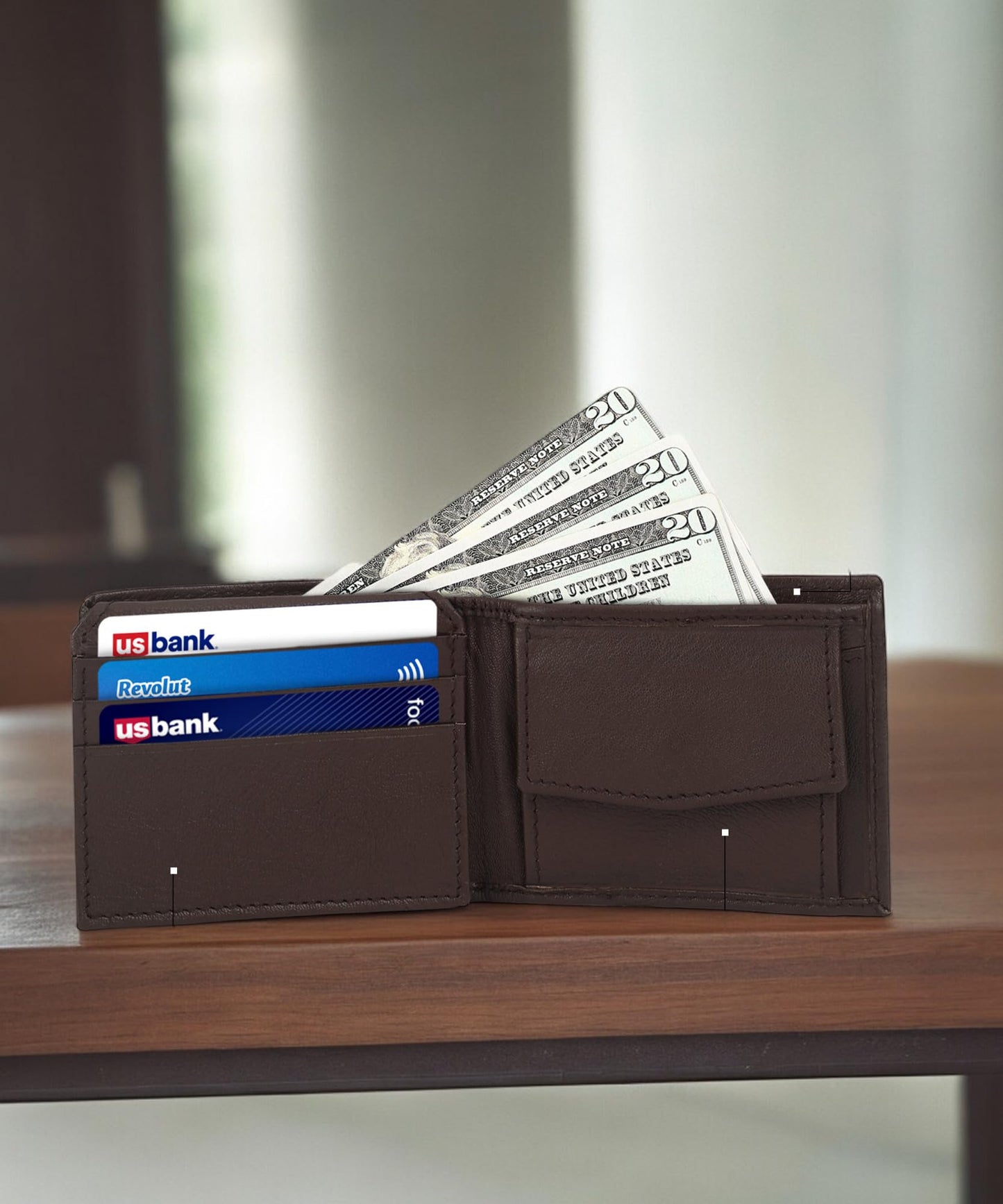 Leatherboss Leather Boys Slim Compact Flap Id Coin Pocket Bifold Wallet with debit credit card holder, Dark Brown