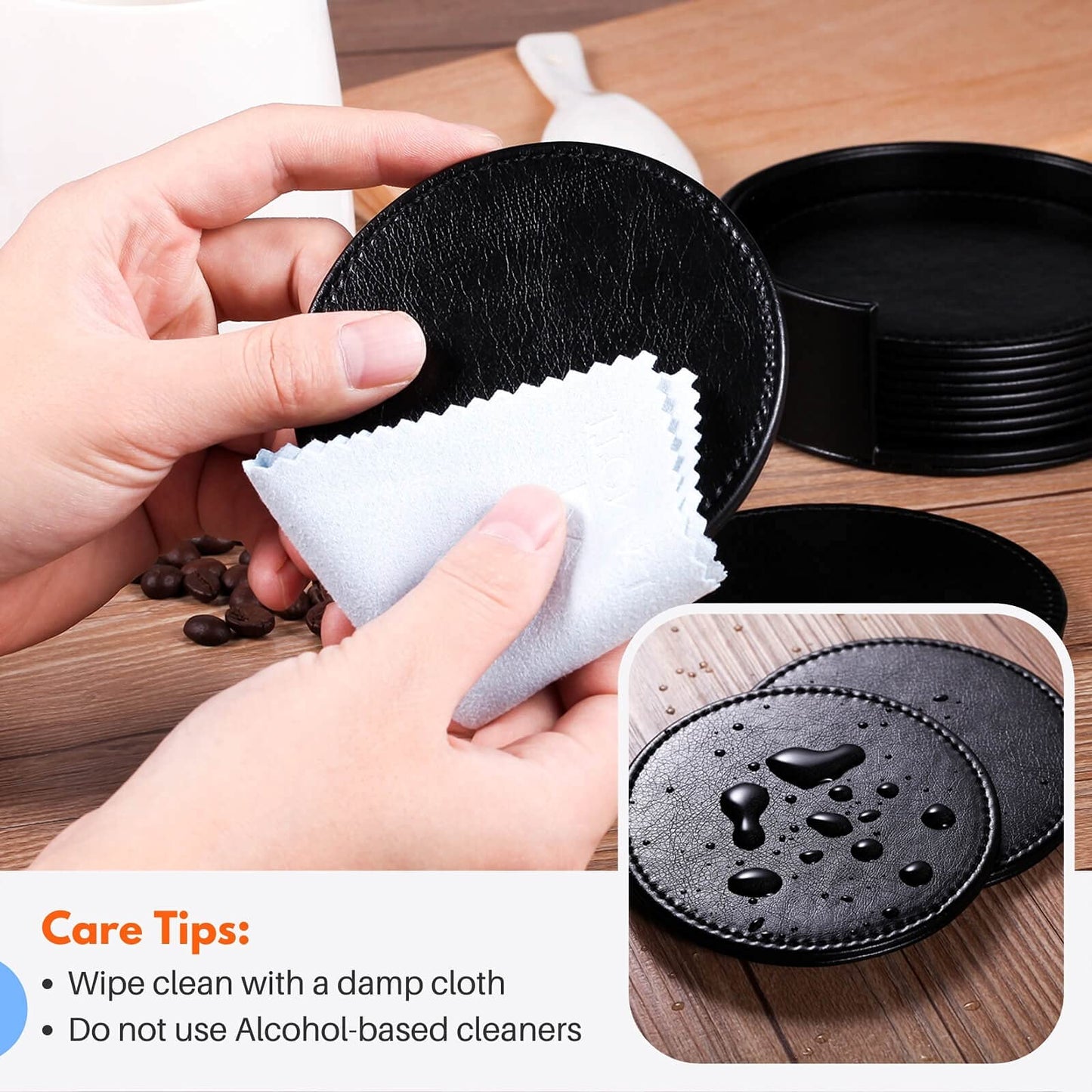 LAMOTI Leather Coasters for Drinks, 4" Drink Coasters Set of 6 with Holder for Tabletop Protection, Handmade Luxurious Home Décor and Housewarming Gift (Black)