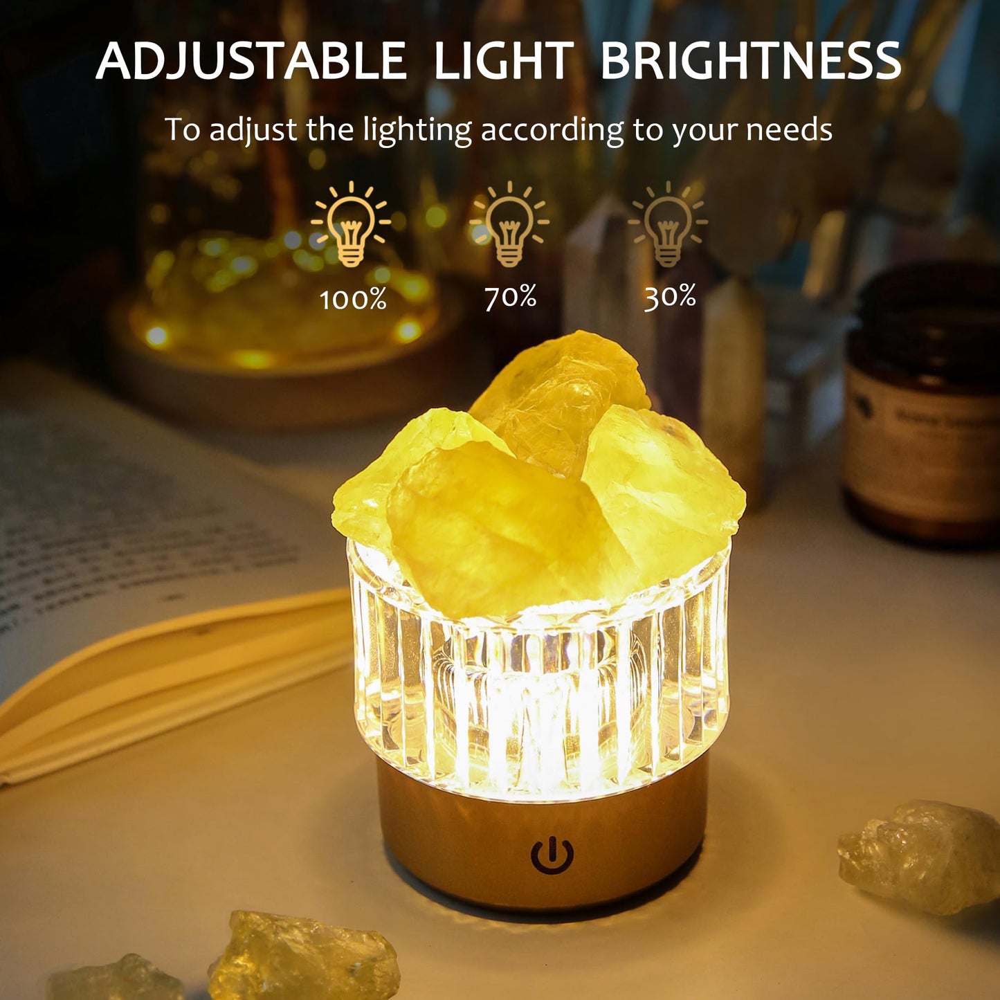 MYDAYS&DESIGN Yellow Crystal Lamp Natural Citrine Lamp, LED Light Dimmer with 3 Levels Cordless, Rocks Lamp Night Light Rechargeable for Room Home Decor Relaxation Ambiance (Yellow)
