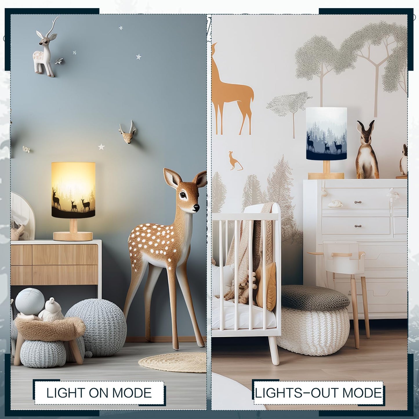VIHOSE Woodland Deer Bedside Table Lamp Watercolor Winter Forest Tree Animal Deer Nightstand Lamp with Wood Base Fabric Lamp Shade Bedside Desk Lamp for Living Room Bedroom Kids Room Office