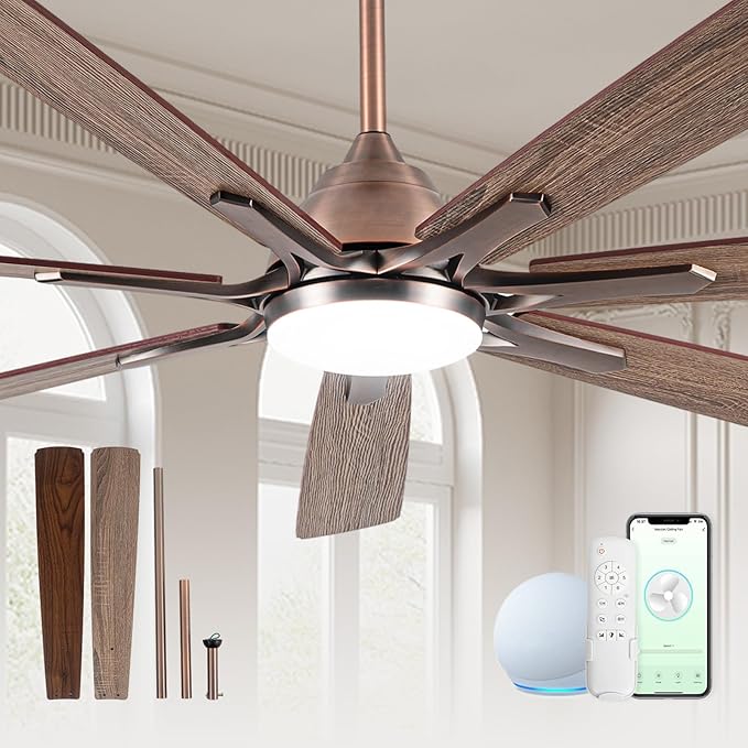 72" Oil Rubbed Bronze Smart Ceiling Fan with Light via WiFi Alexa,6-Speeds Quiet DC Motor,Dimmable,Outdoor Antique Bronze Large Ceiling Fan for Living Room,Patio,Dual Finish 7 Blades