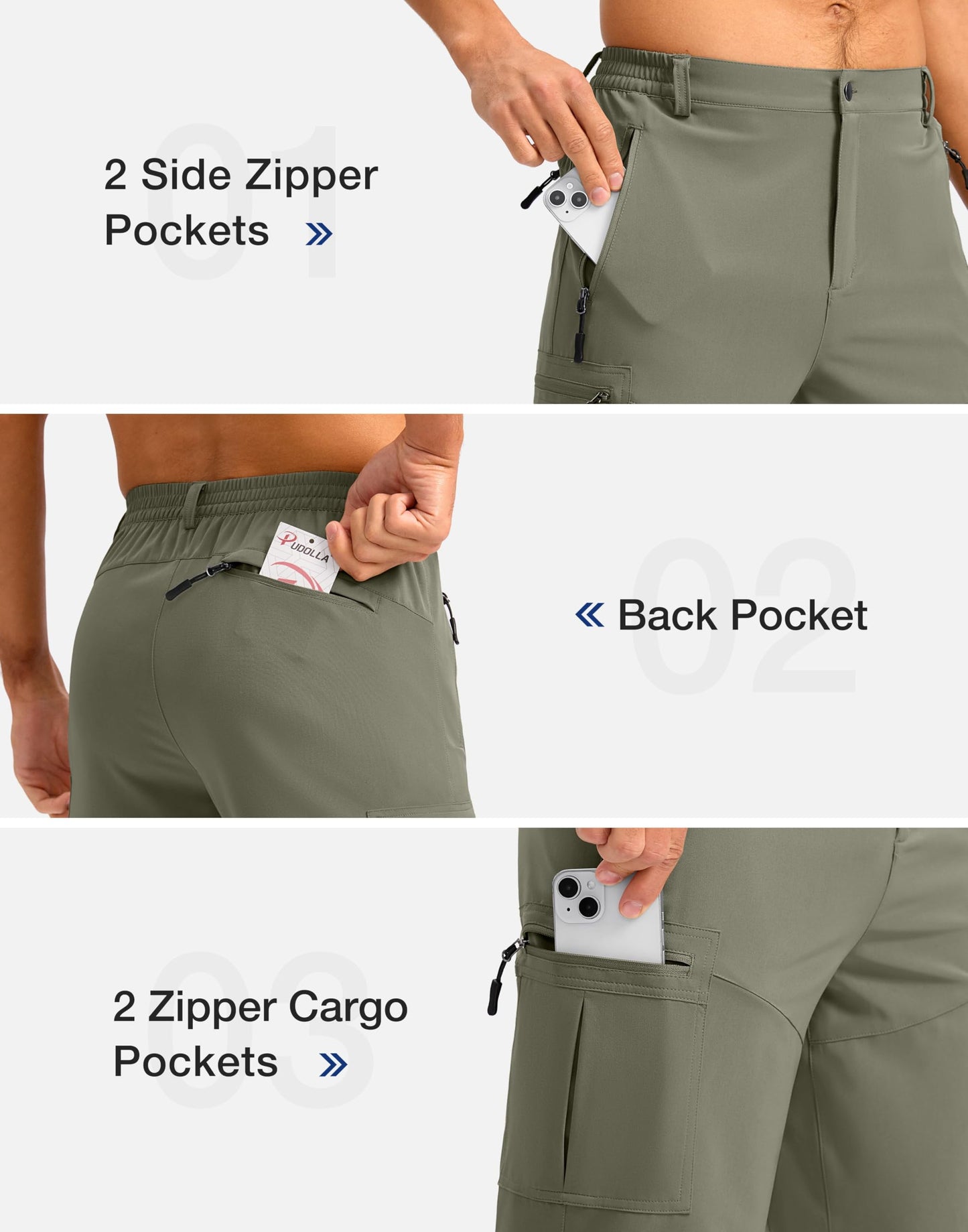 Pudolla Men's Hiking Shorts 11" Lightweight Cargo Work Shorts for Men Summer Travel Golf Casual Outdoor with 5 Pockets(Grey Sage Small)