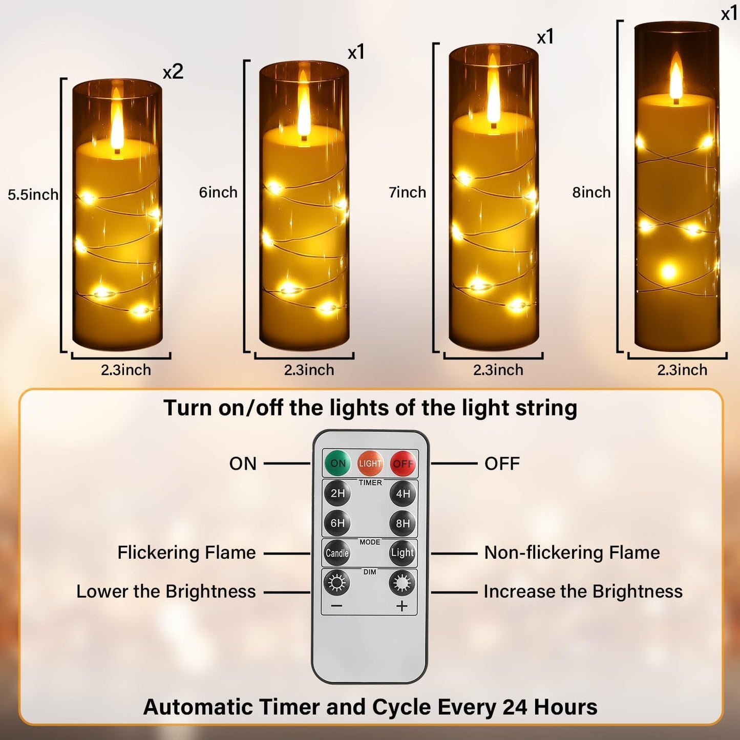 5 Pcs Christmas Pillar Flameless LED Candles 6 Inch Christmas Candles with Embedded Star String Battery Operated Flickering Candlestick for Xmas Holiday Party Wedding Decor